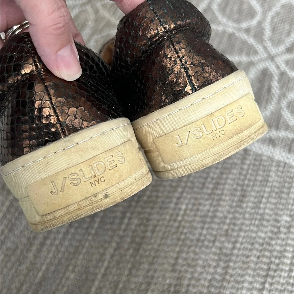 J/Slides Bronze Metallic Embossed Snake Print Slide on Platform Sneakers 7.5